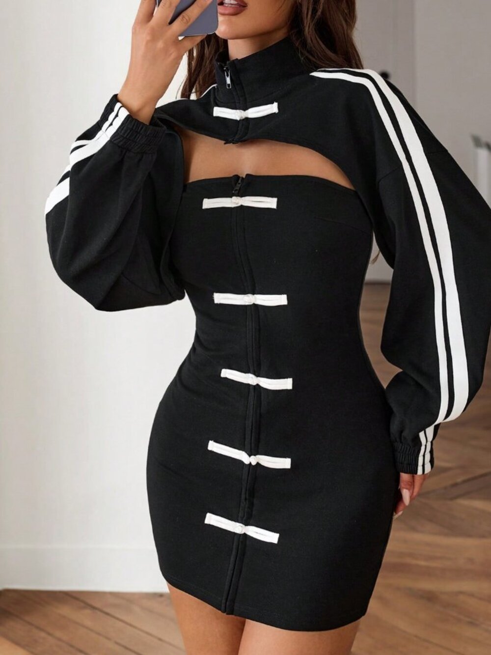 Black And White Casual Women's Colorblock Hollow Out Mini Dress
